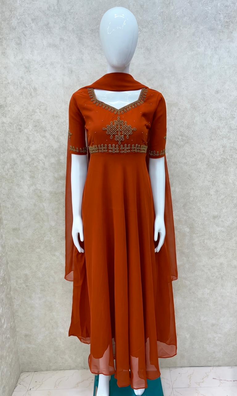 #TH213 / Alankaara / Long Gown Dupatta / Handwork02 / Rust Orange - Image 3