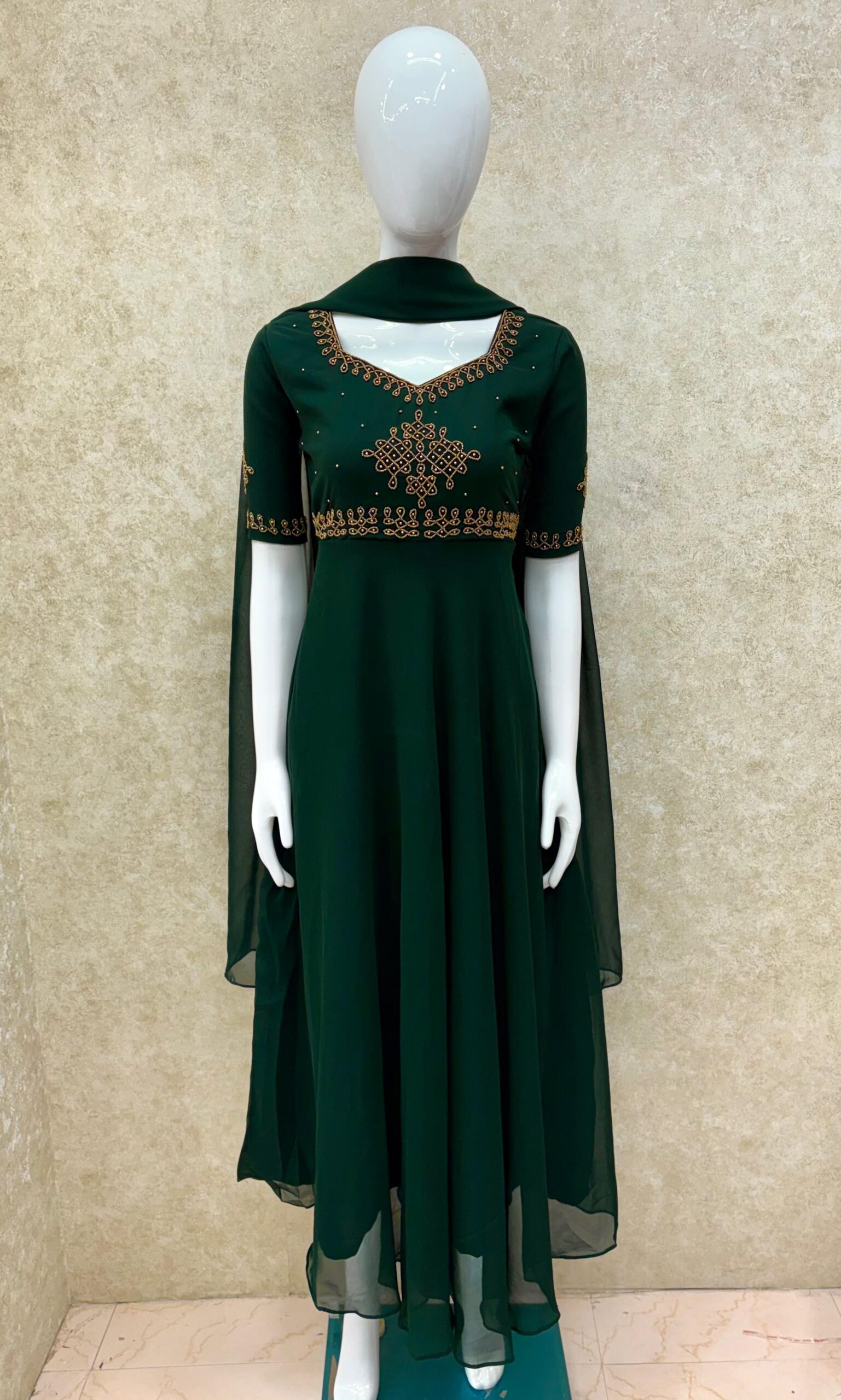 #TH213 / Alankaara / Long Gown Dupatta / Handwork02 / Bottle Green - Image 3