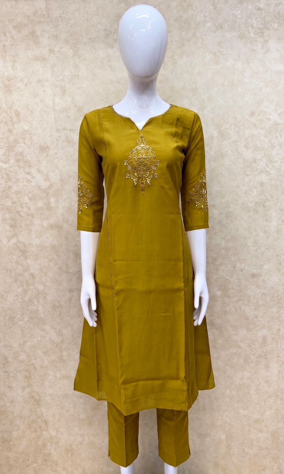 #TH212 / Panel Cut Kurti-Pant Set / Mustard Yellow - Image 2