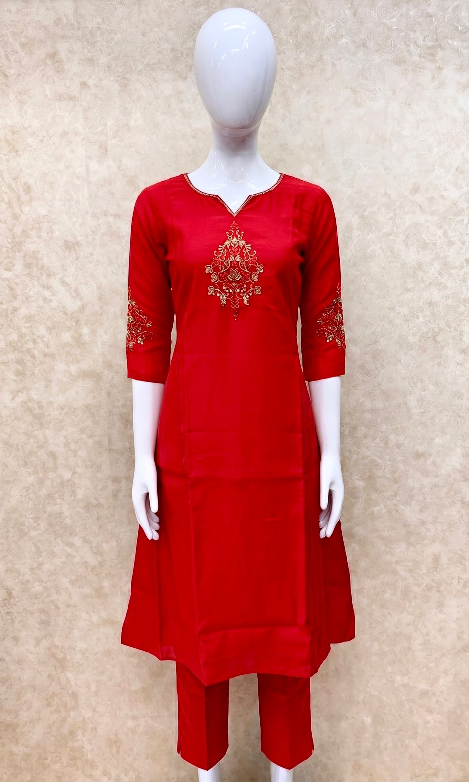 #TH212 / Panel Cut Kurti-Pant Set / Chilly Red - Image 2