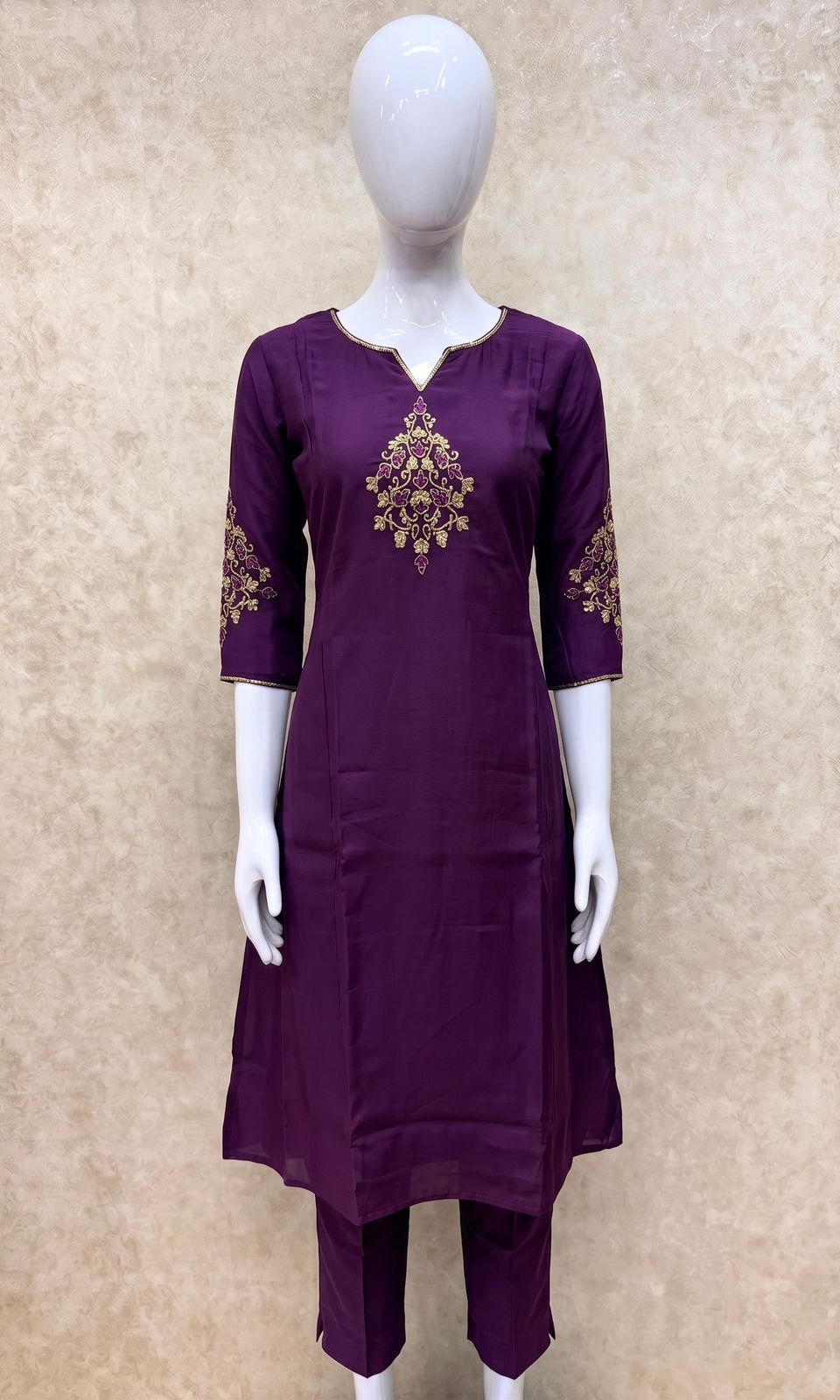 #TH212 / Panel Cut Kurti-Pant Set / Purple - Image 2