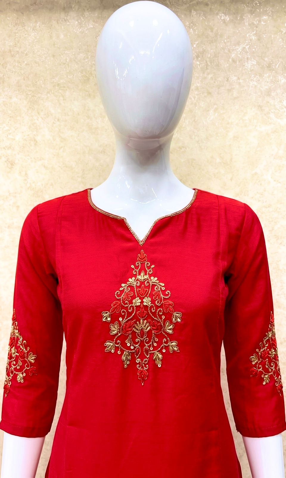 #TH212 / Panel Cut Kurti-Pant Set / Chilly Red