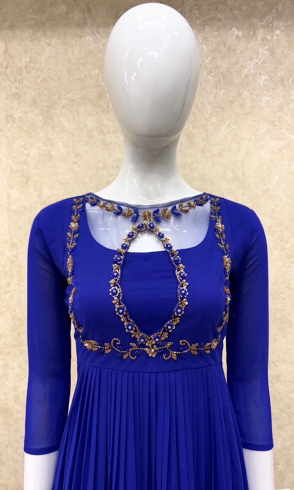 #TH196 / Handwork on Net Fabric / Jewel neck / Party wear concept / Royal Blue