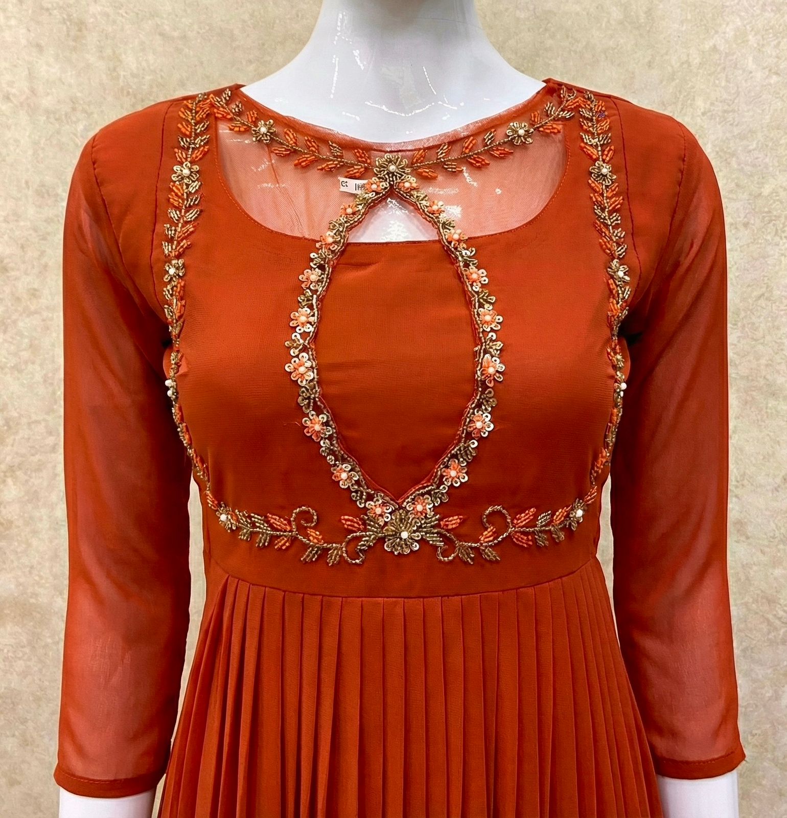 #TH196 / Handwork on Net Fabric / Jewel neck / Party wear concept / Rust Orange