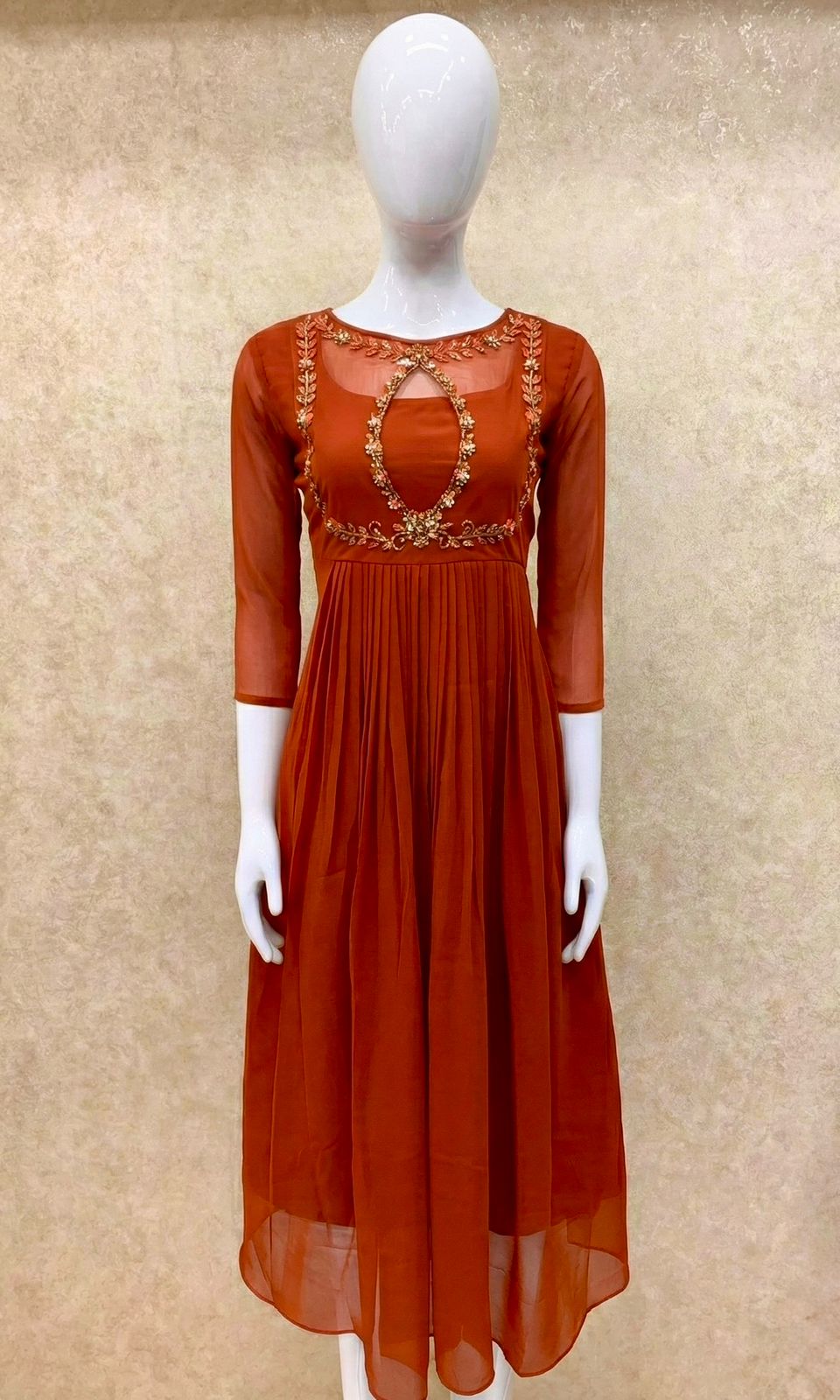 #TH196 / Handwork on Net Fabric / Jewel neck / Party wear concept / Rust Orange - Image 2