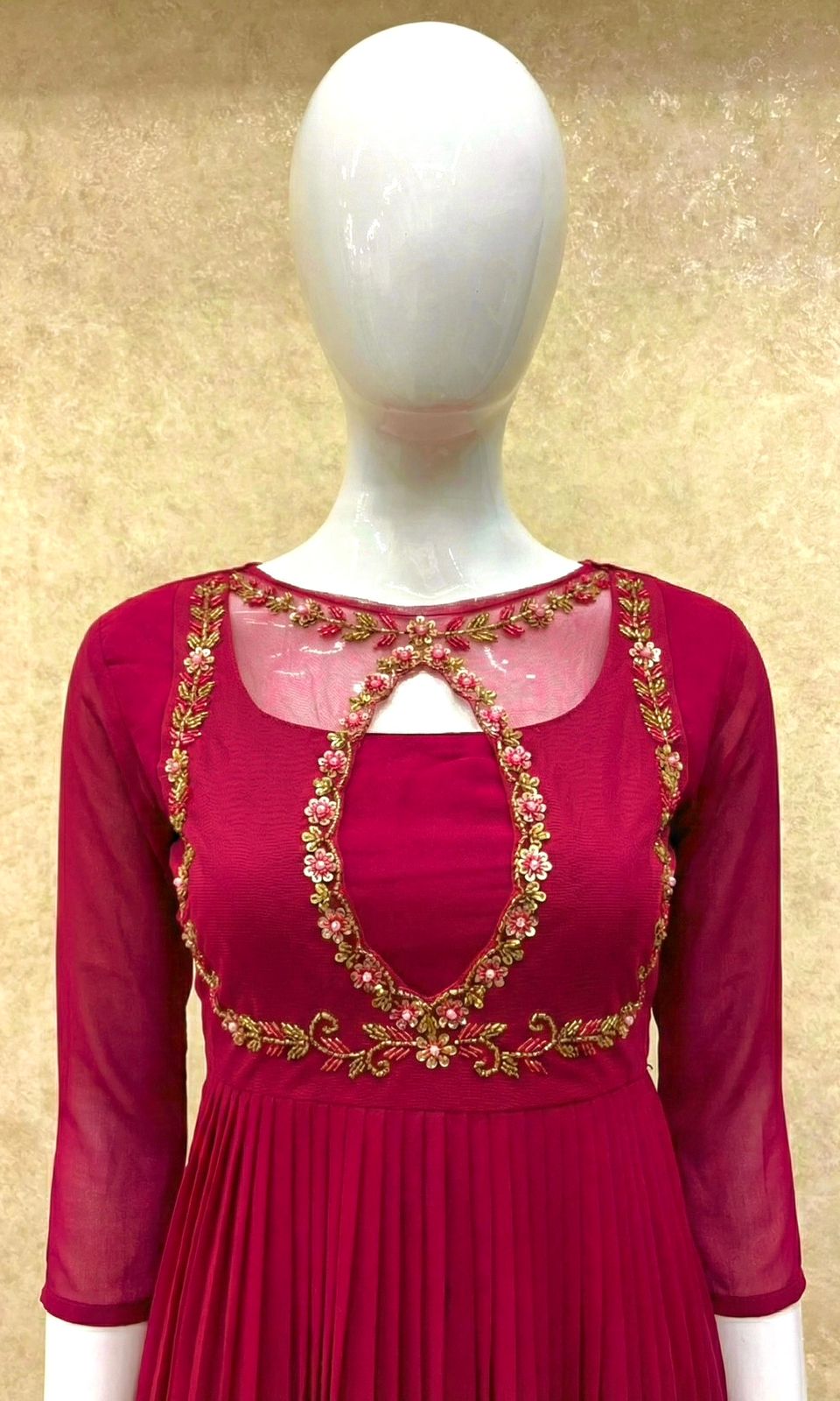 #TH196 / Handwork on Net Fabric / Jewel neck / Party wear concept / Dark Pink