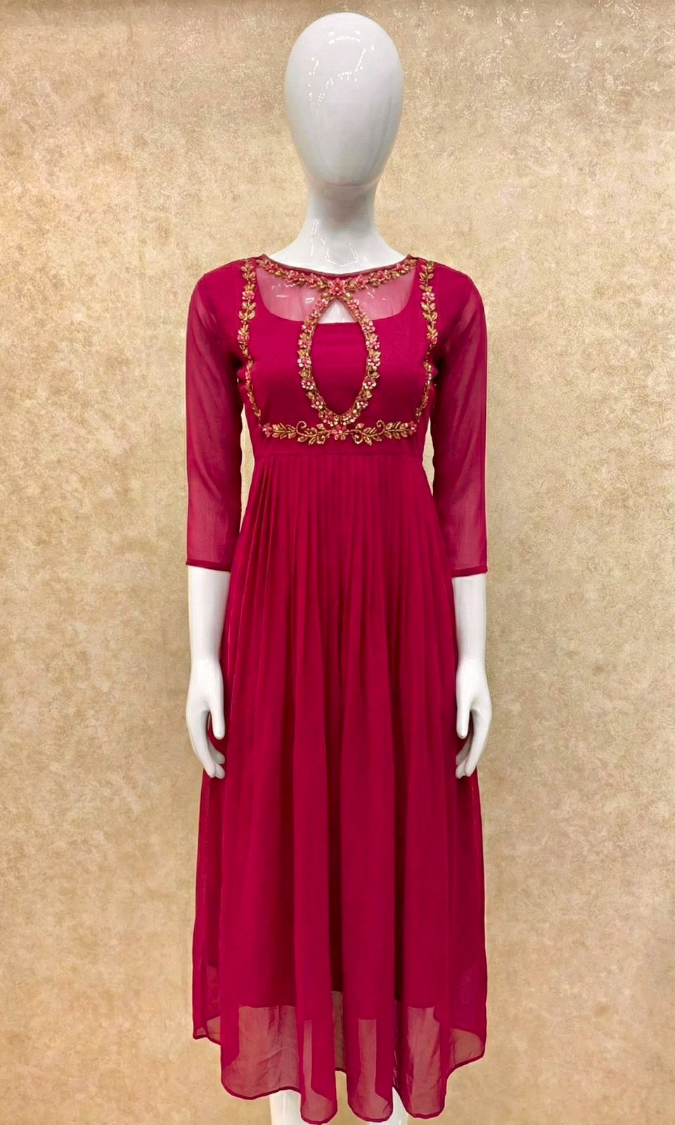 #TH196 / Handwork on Net Fabric / Jewel neck / Party wear concept / Dark Pink - Image 2