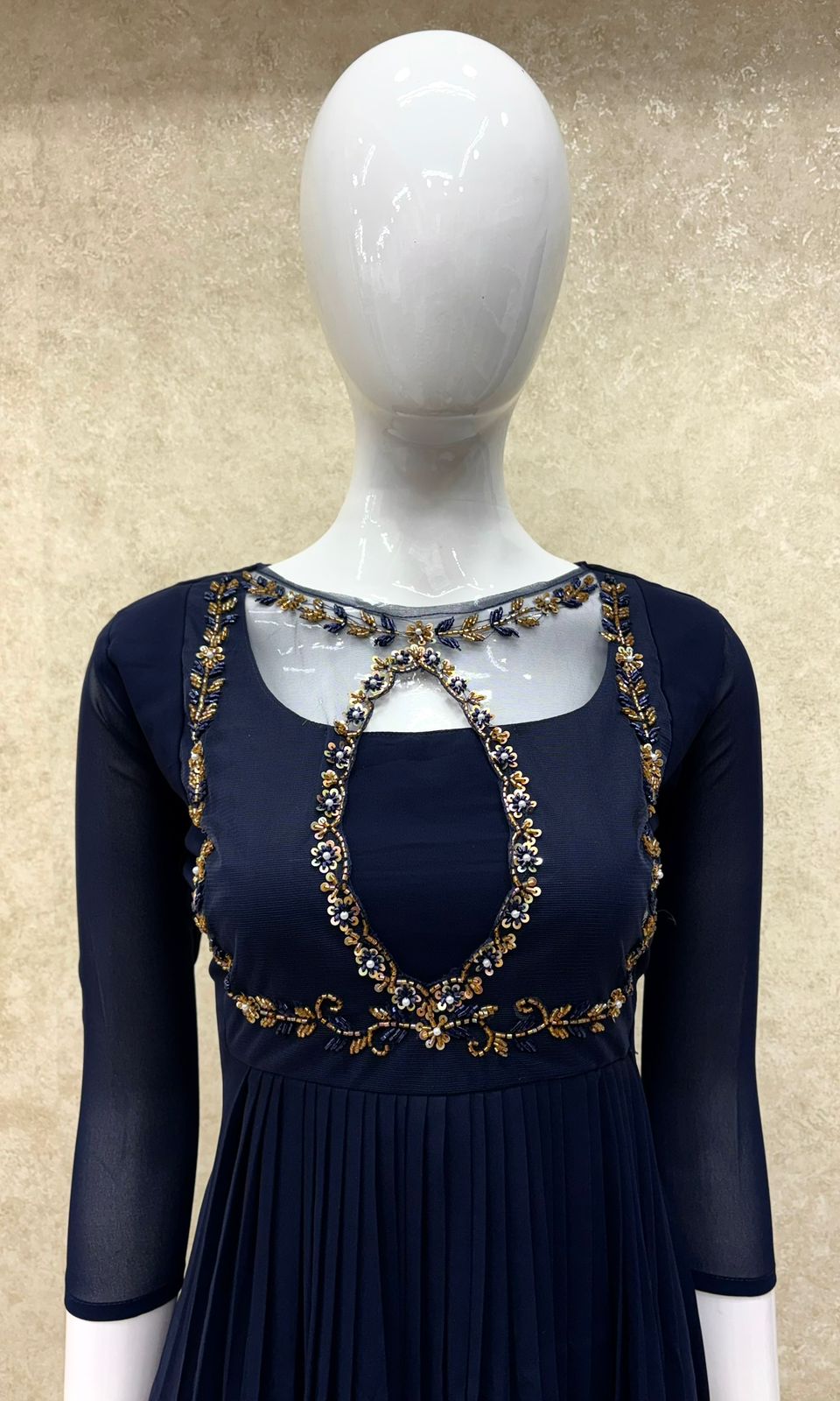 #TH196 / Handwork on Net Fabric / Jewel neck / Party wear concept / Navy Blue