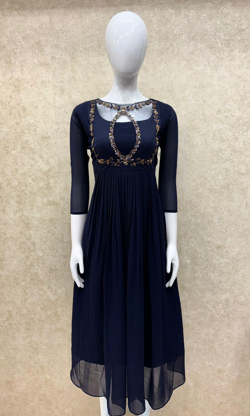 #TH196 / Handwork on Net Fabric / Jewel neck / Party wear concept / Navy Blue - Image 2