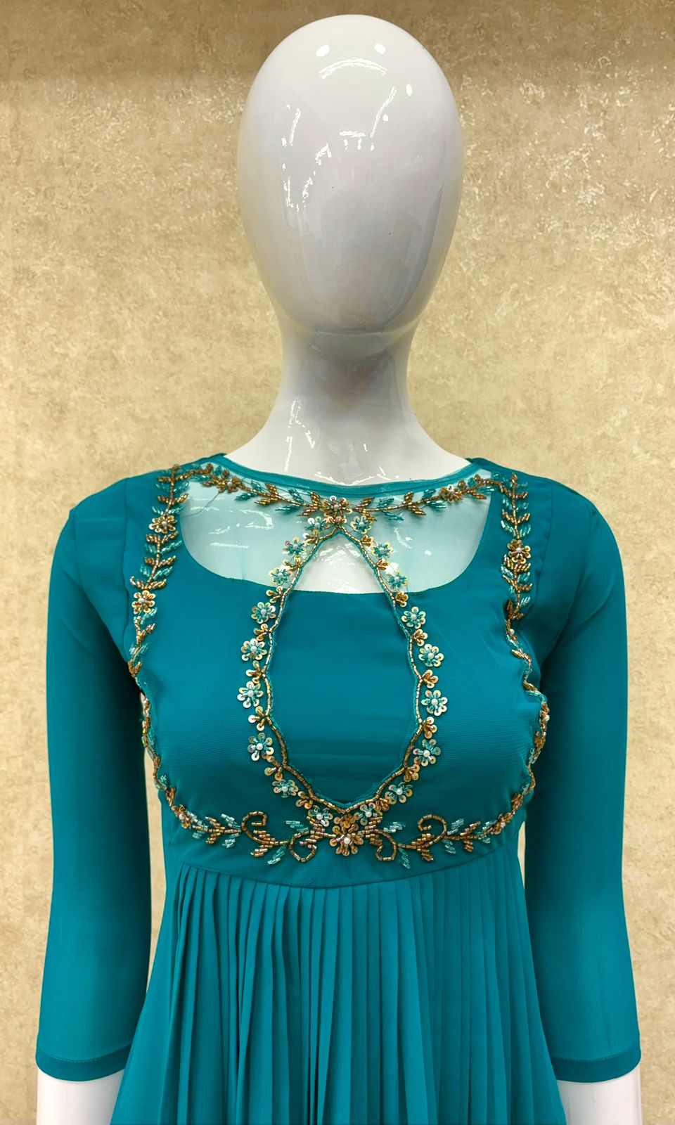 #TH196 / Handwork on Net Fabric / Jewel neck / Party wear concept / Rama Blue