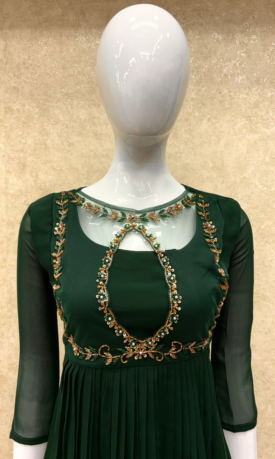 #TH196 / Handwork on Net Fabric / Jewel neck / Party wear concept / Bottle Green