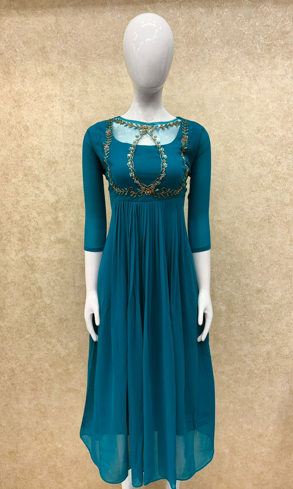 #TH196 / Handwork on Net Fabric / Jewel neck / Party wear concept / Rama Blue - Image 2