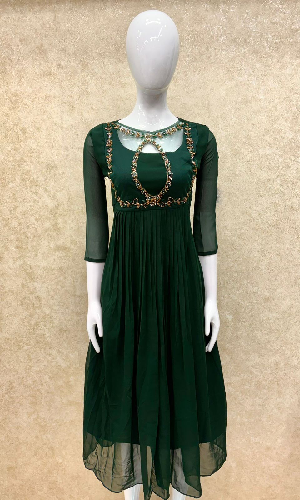 #TH196 / Handwork on Net Fabric / Jewel neck / Party wear concept / Bottle Green - Image 2