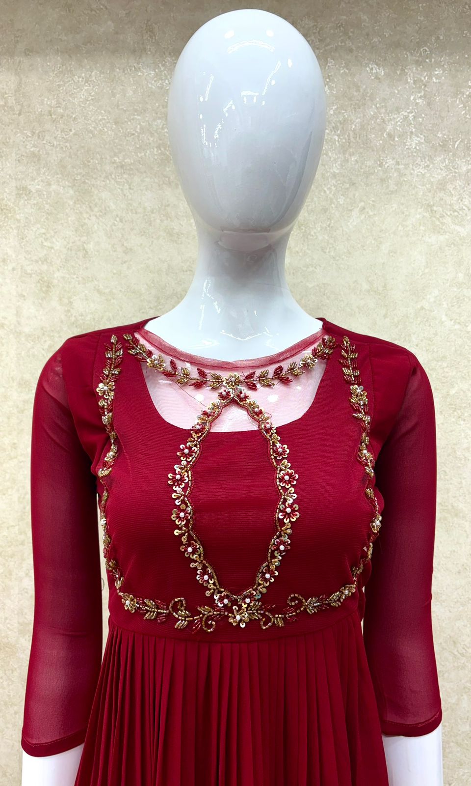 #TH196 / Handwork on Net Fabric / Jewel neck / Party wear concept / Maroon