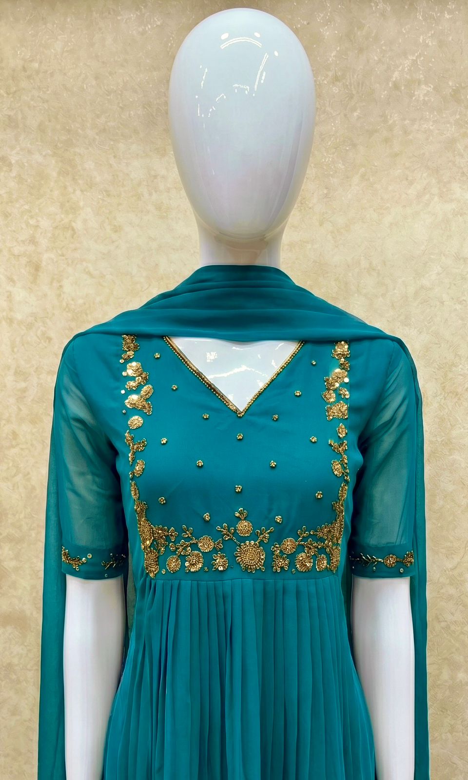 #TH200 / Long Top Dupatta Set / Pleated / Elbow sleeves / Rama Blue