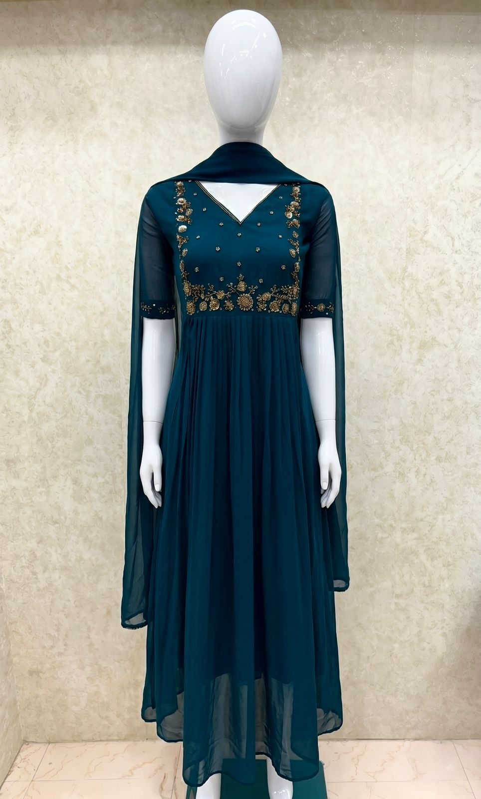 #TH200 / Long Top Dupatta Set / Pleated / Elbow sleeves / Teal Blue - Image 2