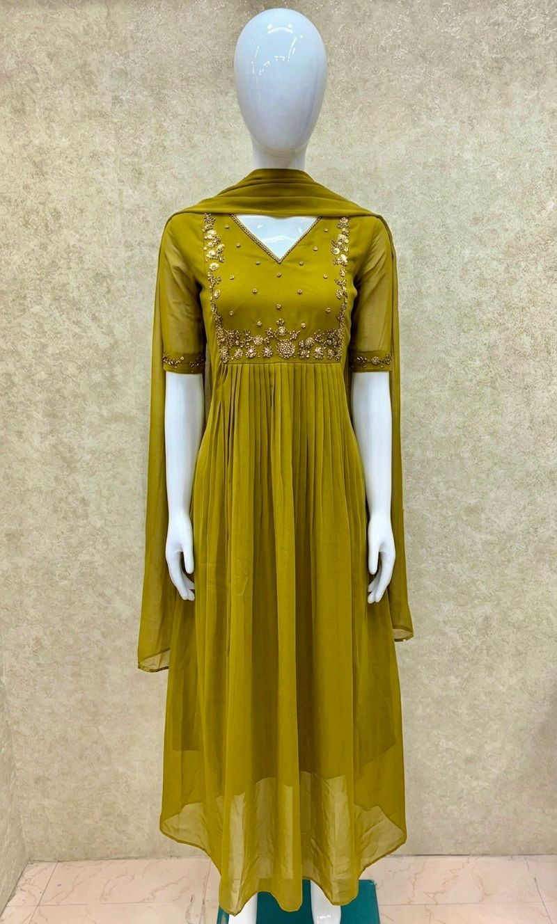 #TH200 / Long Top Dupatta Set / Pleated / Elbow sleeves / Yellowish Green - Image 2