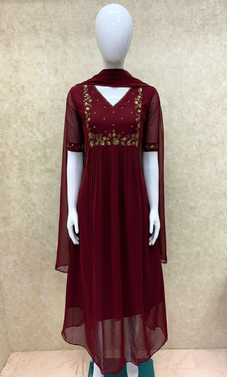 #TH200 / Long Top Dupatta Set / Pleated / Elbow sleeves / Dark Maroon - Image 2