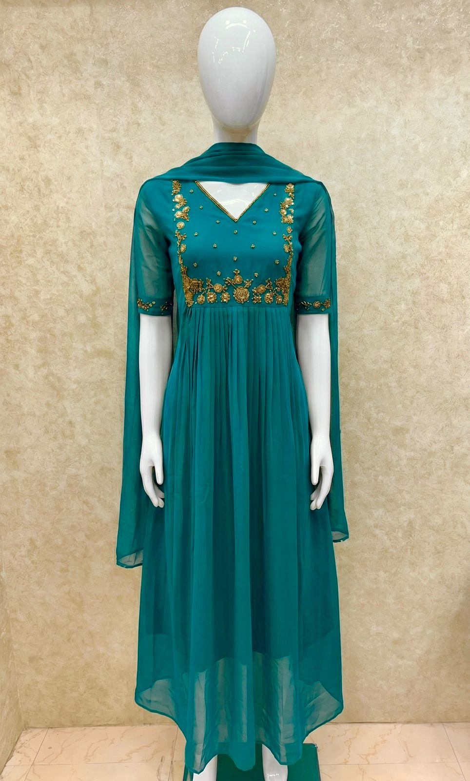 #TH200 / Long Top Dupatta Set / Pleated / Elbow sleeves / Rama Blue - Image 2