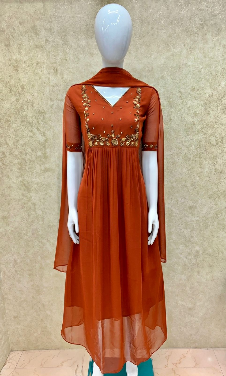 #TH200 / Long Top Dupatta Set / Pleated / Elbow sleeves / Orange - Image 2