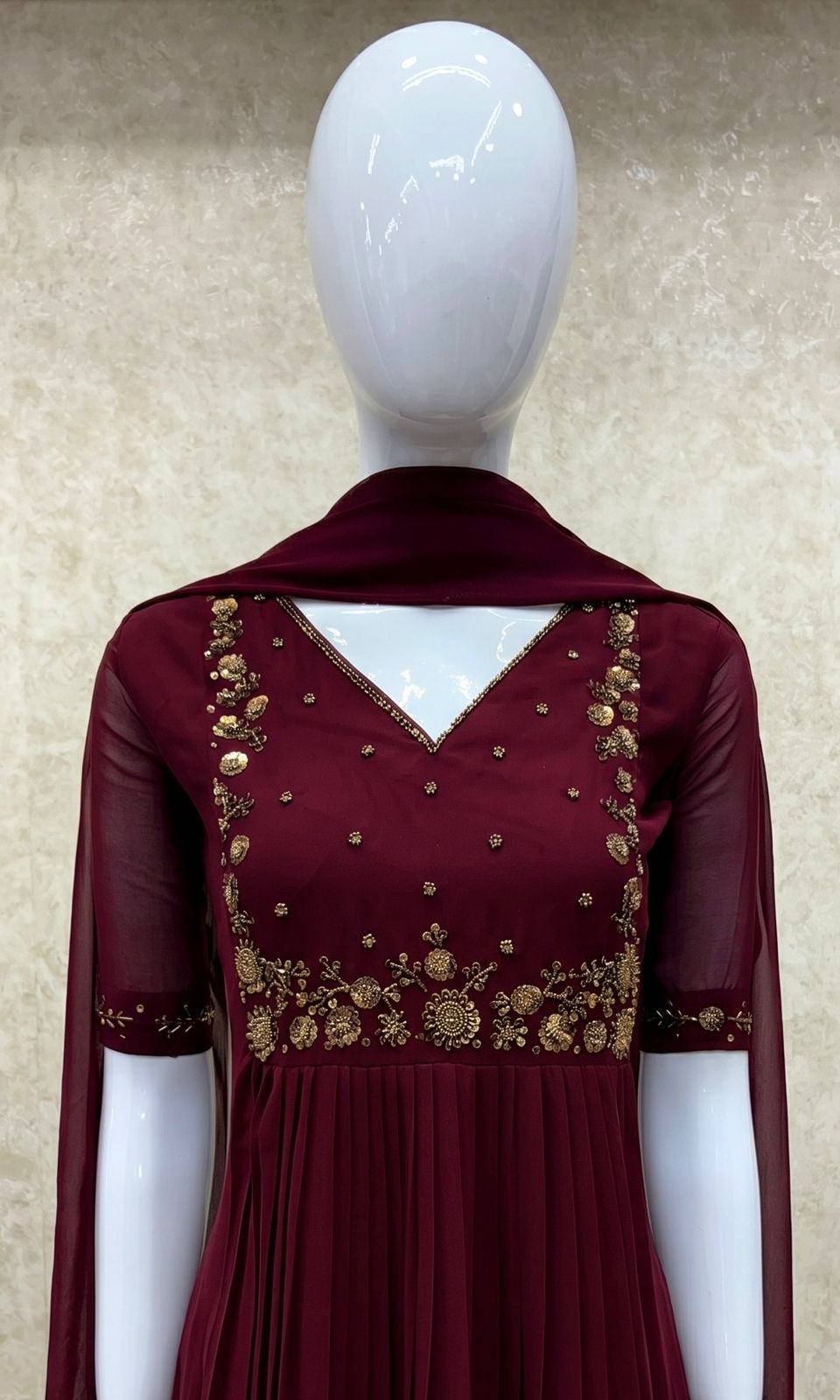 #TH200 / Long Top Dupatta Set / Pleated / Elbow sleeves / Dark Maroon
