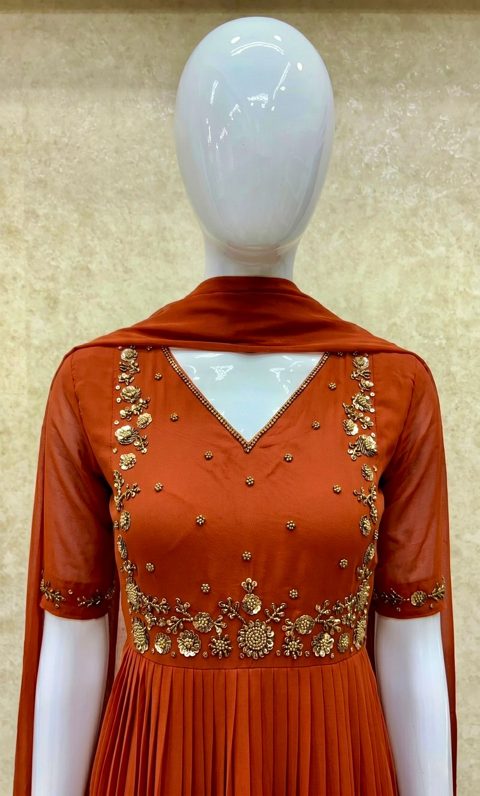 #TH200 / Long Top Dupatta Set / Pleated / Elbow sleeves / Orange