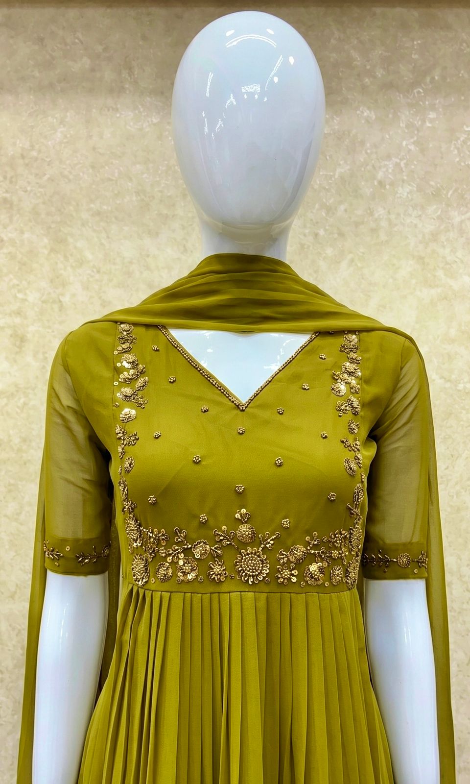 #TH200 / Long Top Dupatta Set / Pleated / Elbow sleeves / Yellowish Green