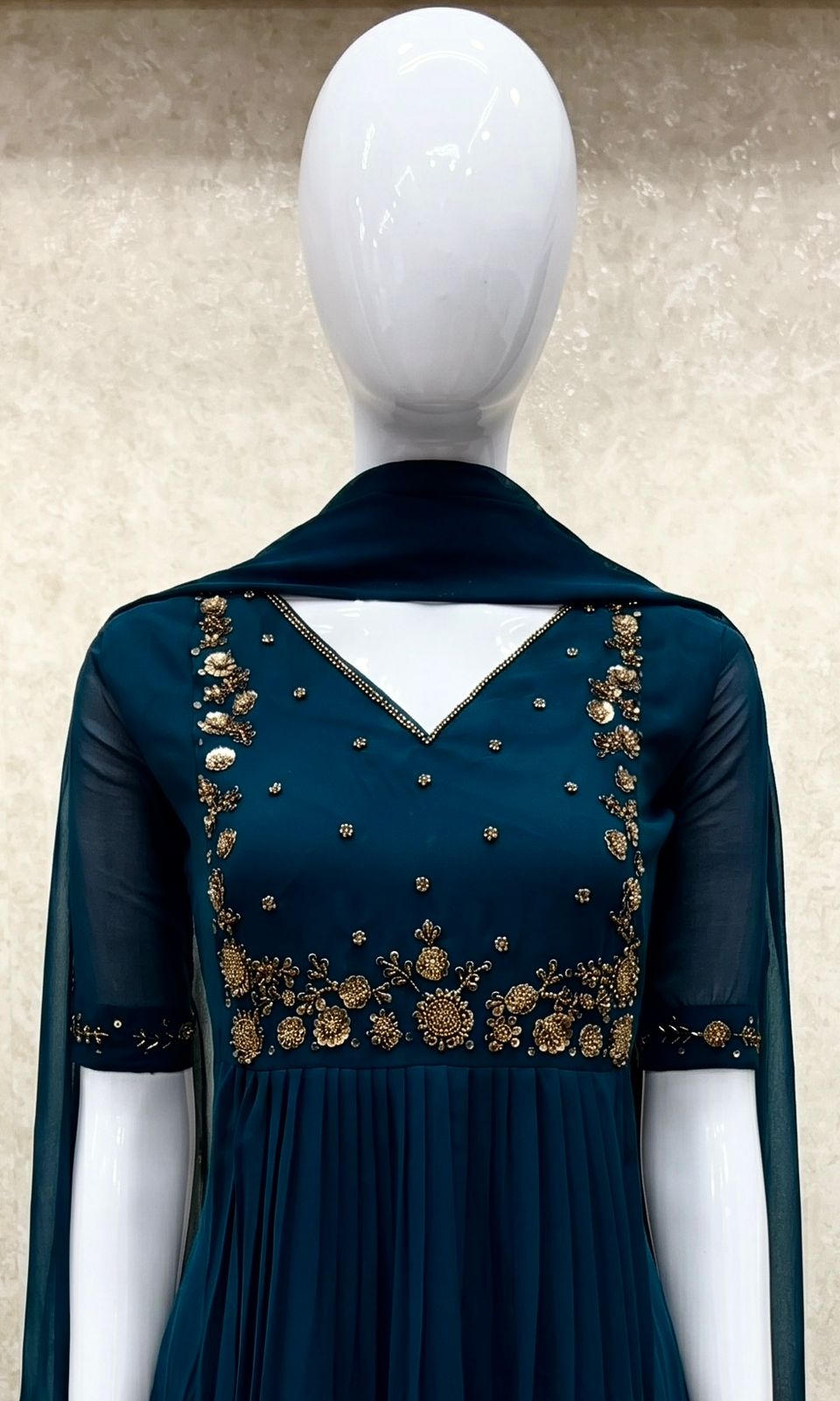 #TH200 / Long Top Dupatta Set / Pleated / Elbow sleeves / Teal Blue