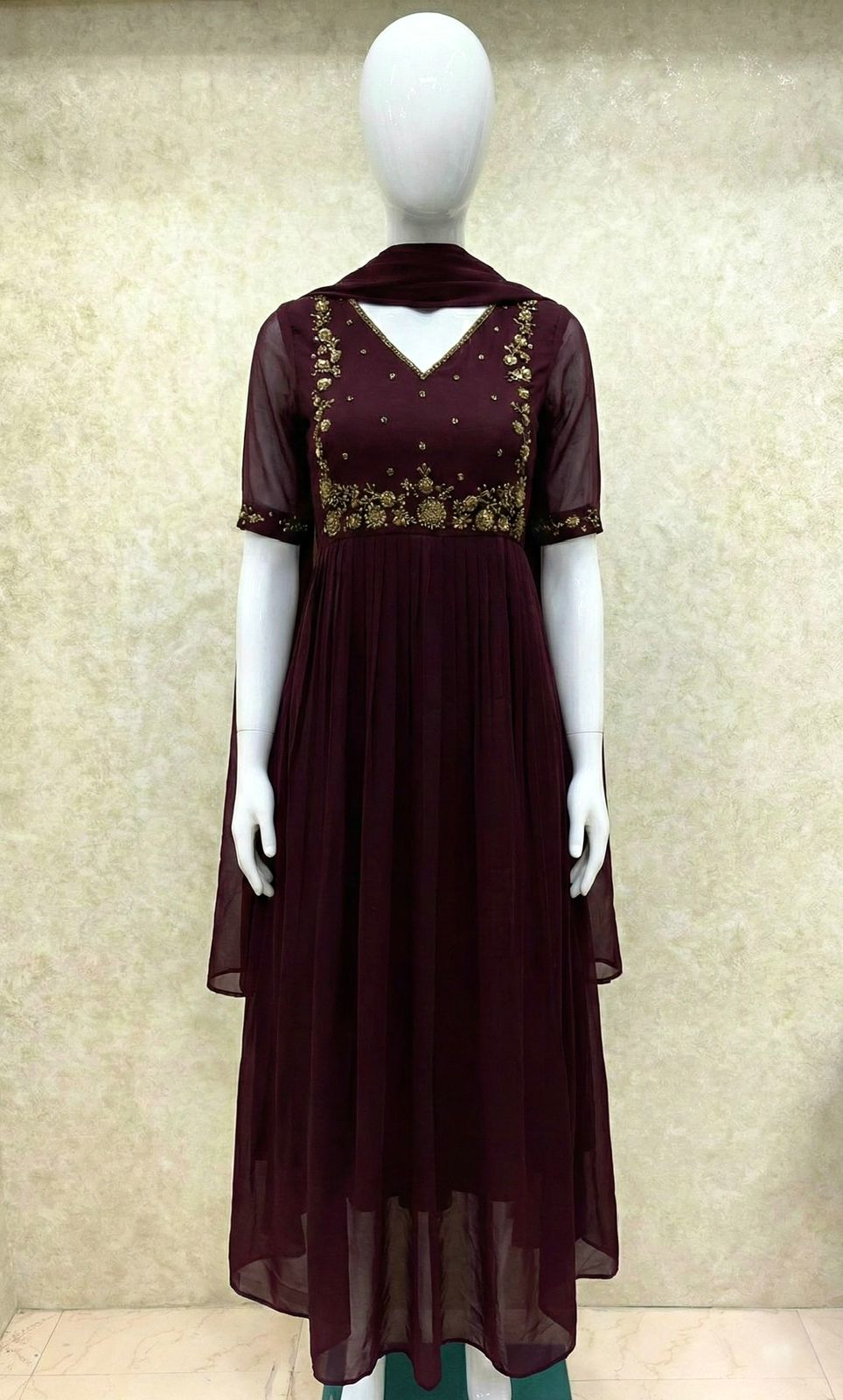 #TH200 / Long Top Dupatta Set / Pleated / Elbow sleeves / Coffee Brown - Image 2