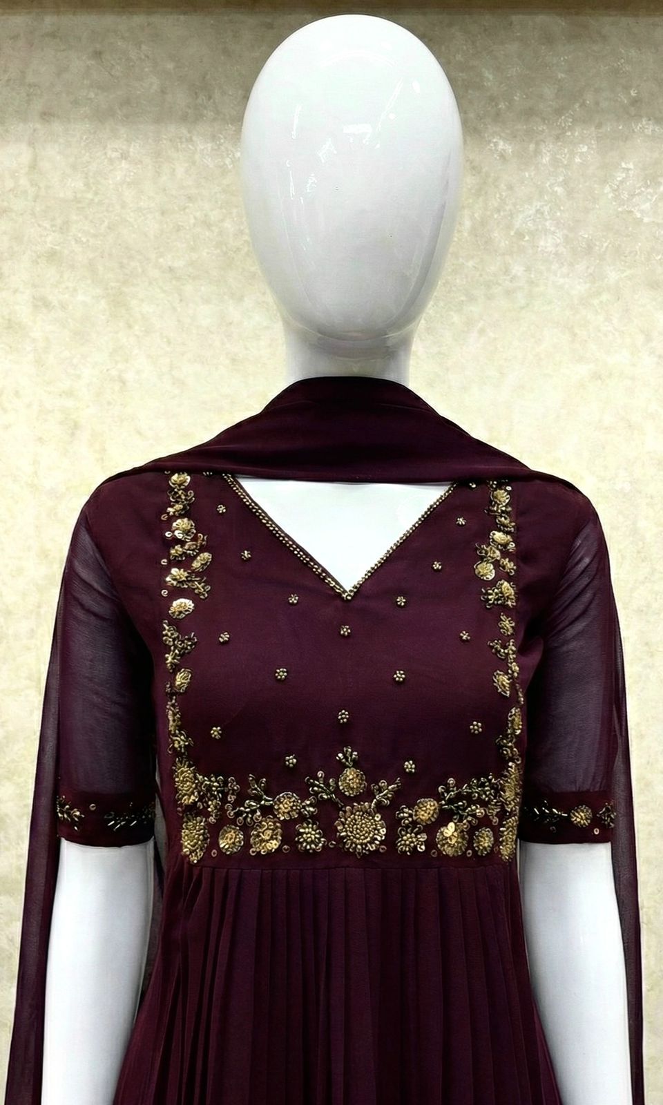 #TH200 / Long Top Dupatta Set / Pleated / Elbow sleeves / Coffee Brown