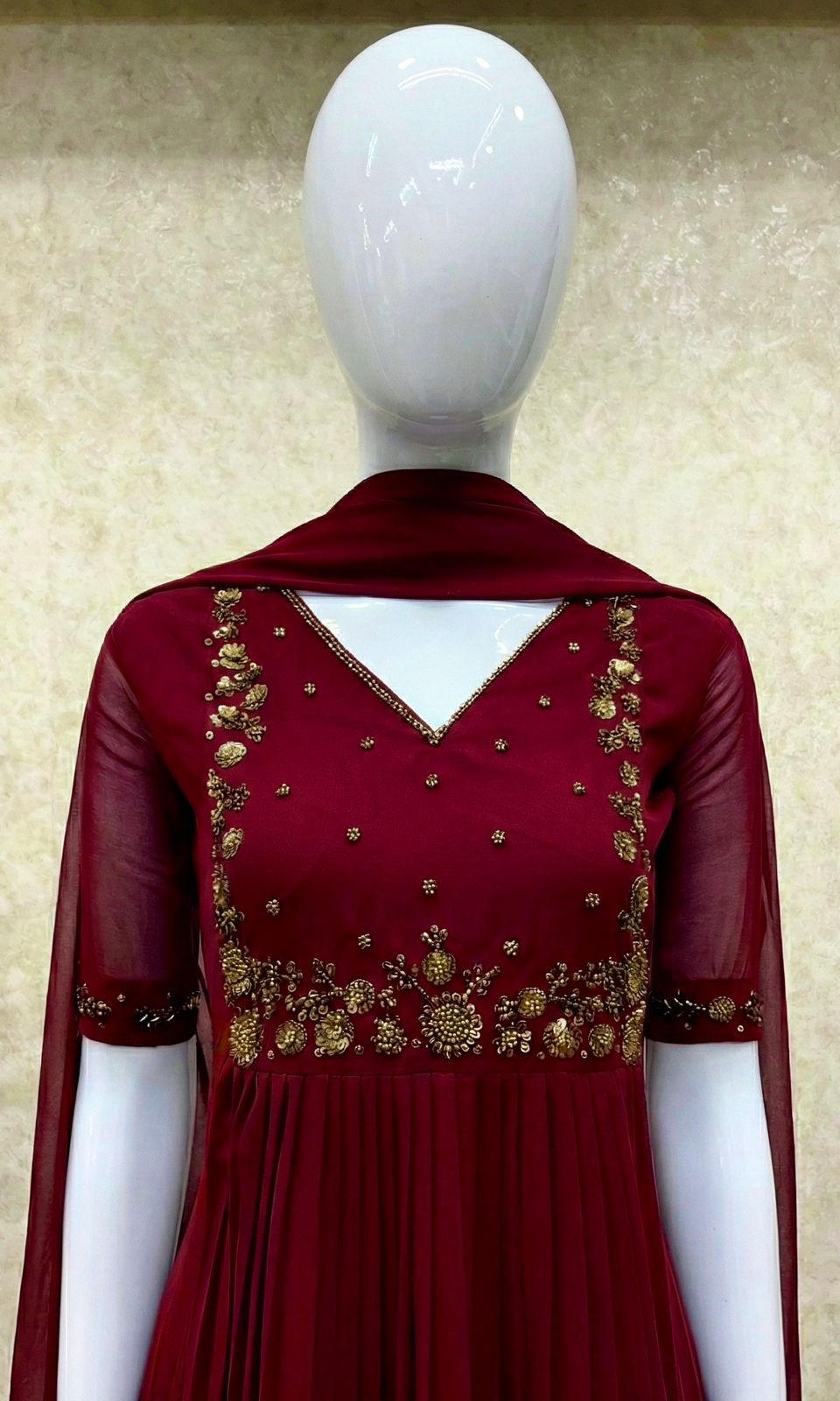 #TH200 / Long Top Dupatta Set / Pleated / Elbow sleeves / Maroon
