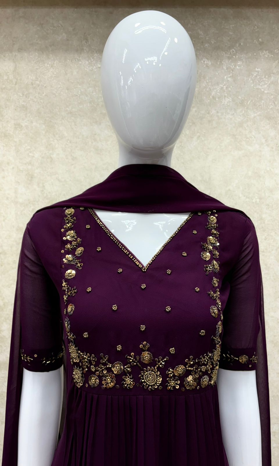 #TH200 / Long Top Dupatta Set / Pleated / Elbow sleeves / Dark Purple
