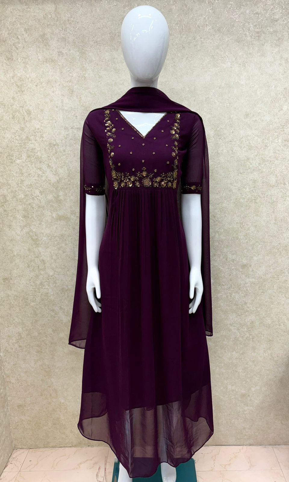 #TH200 / Long Top Dupatta Set / Pleated / Elbow sleeves / Dark Purple - Image 2