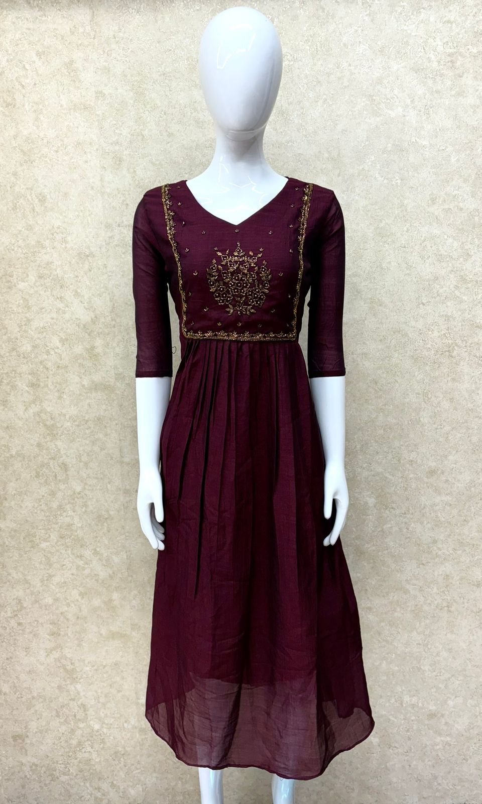 #TH163 / Vichitra / Square Handwork / Pleated / Dark Wine - Image 3