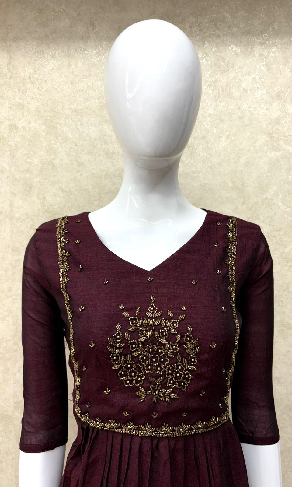 #TH163 / Vichitra / Square Handwork / Pleated / Dark Wine