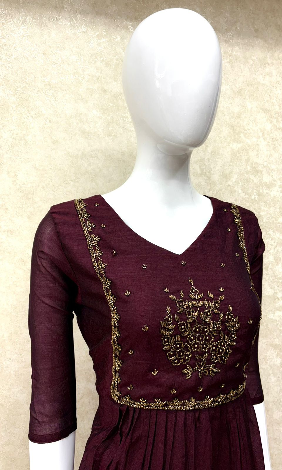 #TH163 / Vichitra / Square Handwork / Pleated / Dark Wine - Image 2
