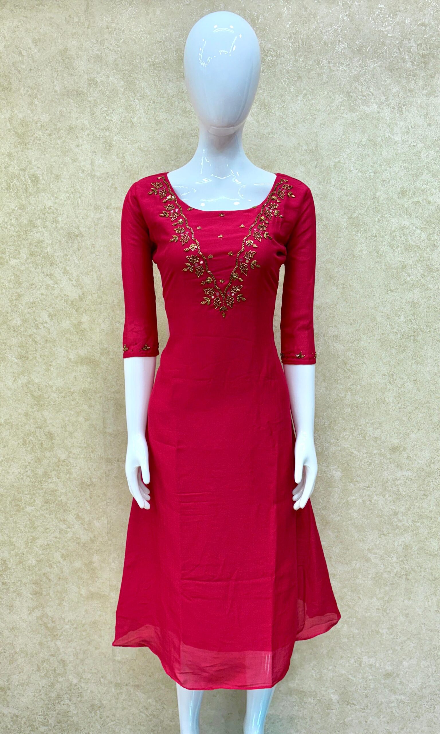 #TH153 / Vichitra Silk / V shaped Handwork / Sleeves / Pink - Image 2