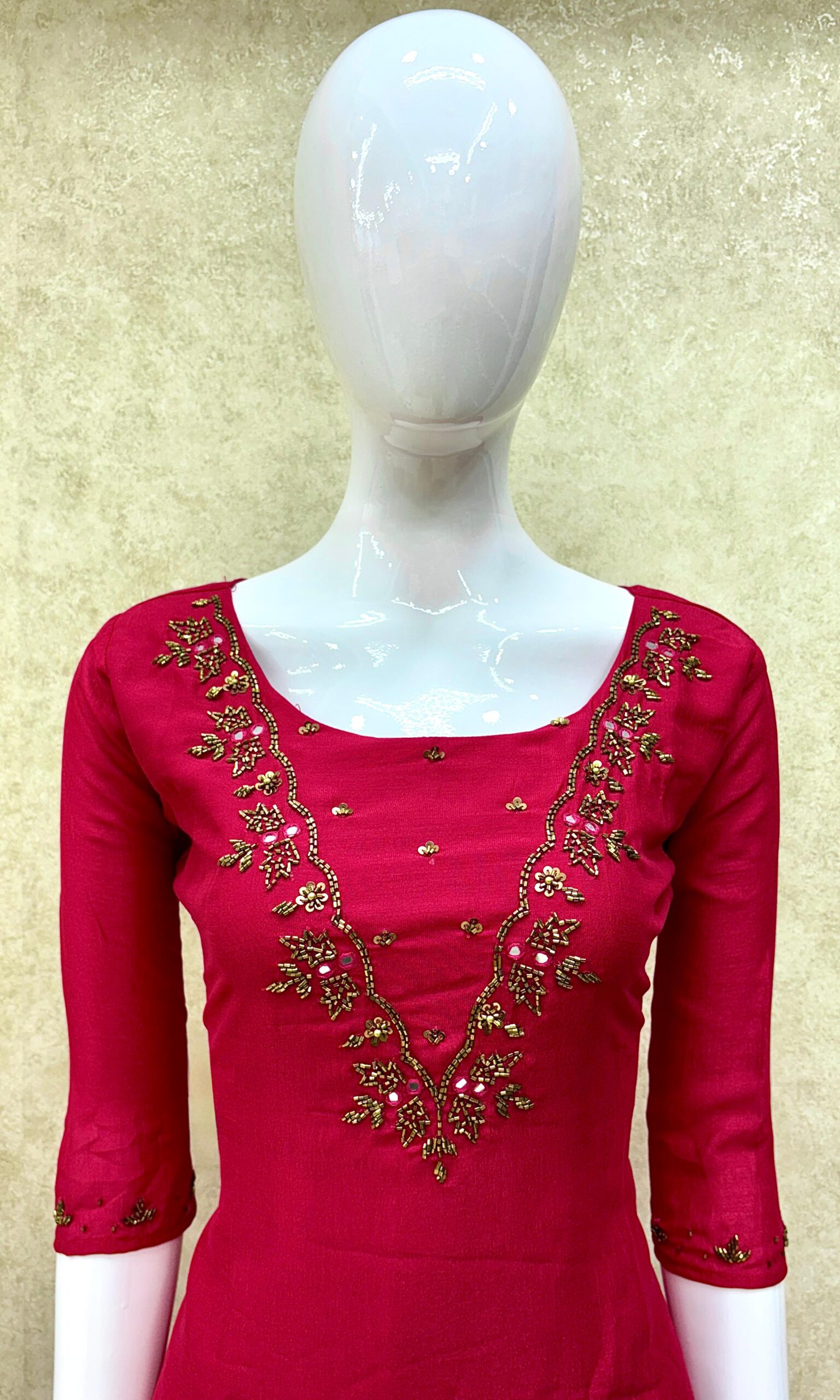 #TH153 / Vichitra Silk / V shaped Handwork / Sleeves / Pink