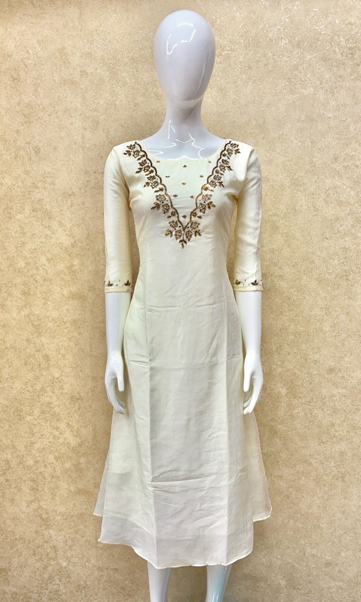 #TH153 / Vichitra Silk / V shaped Handwork / Sleeves / Ivory - Image 2