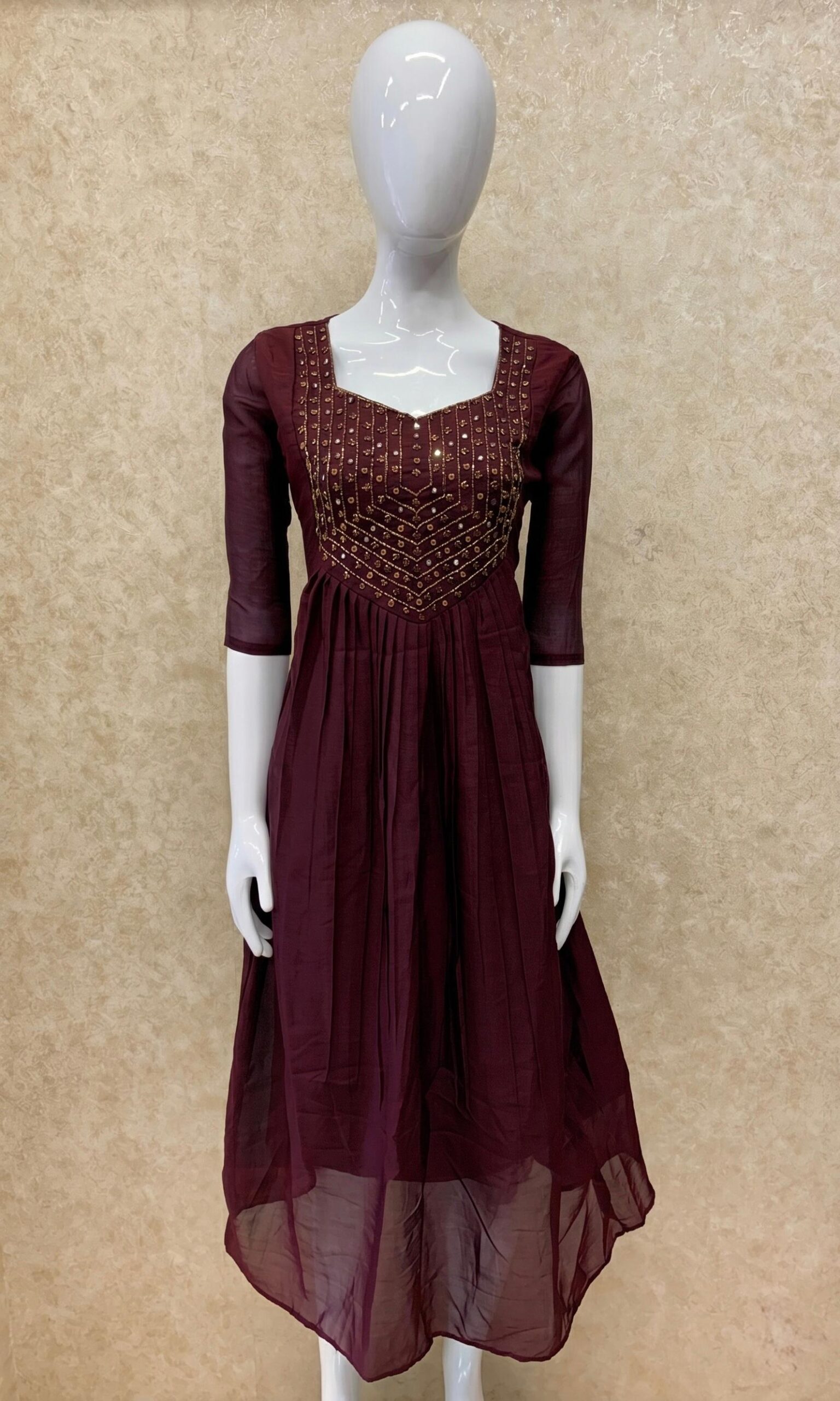 #TH154 / Vichitra Silk / Pleated / Heavy Mirror work / Maroon - Image 2