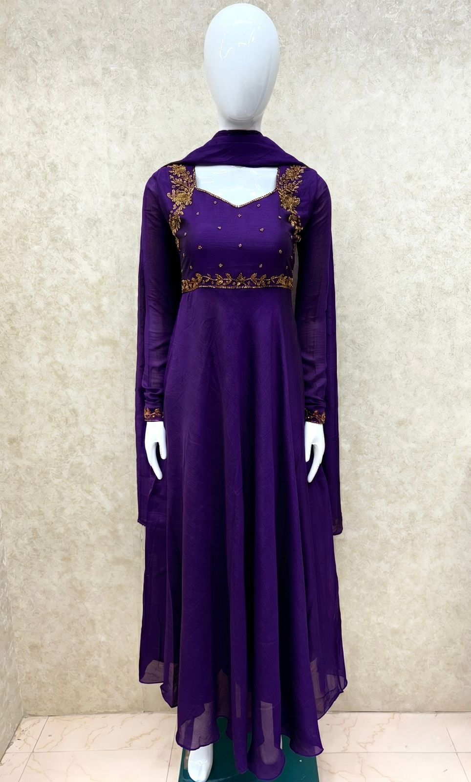 #TH202 / Vichitra Silk / Long Top Dupatta Set / Full Length / Full sleeves / Handwork 07 / Violet - Image 2