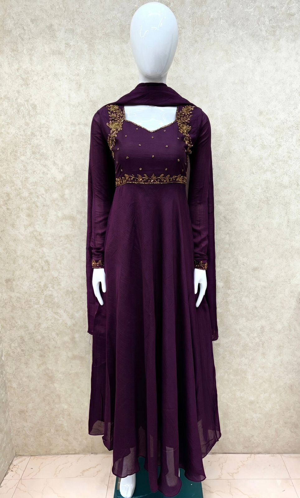 #TH202 / Vichitra Silk / Long Top Dupatta Set / Full Length / Full sleeves / Handwork 07 / Dark Wine - Image 2
