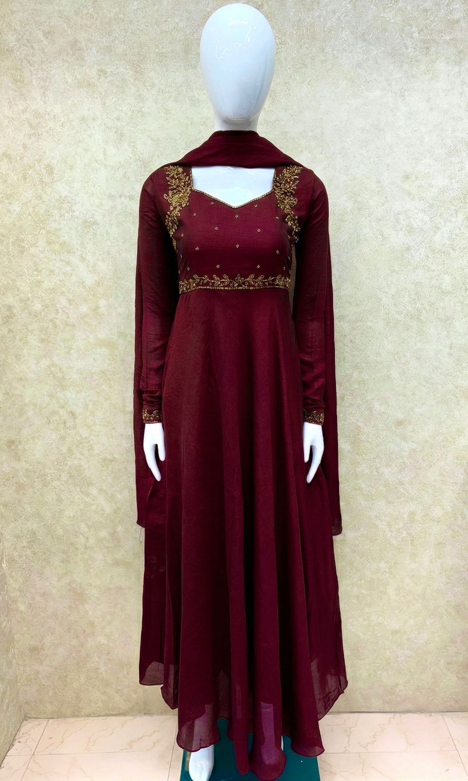 #TH202 / Vichitra Silk / Long Top Dupatta Set / Full Length / Full sleeves / Handwork 07 / Maroon - Image 2