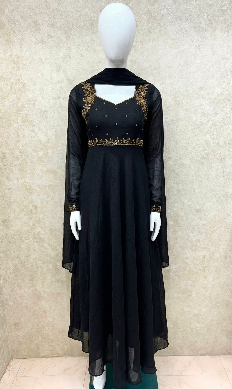 #TH202 / Vichitra Silk / Long Top Dupatta Set / Full Length / Full sleeves / Handwork 07 / Black - Image 2