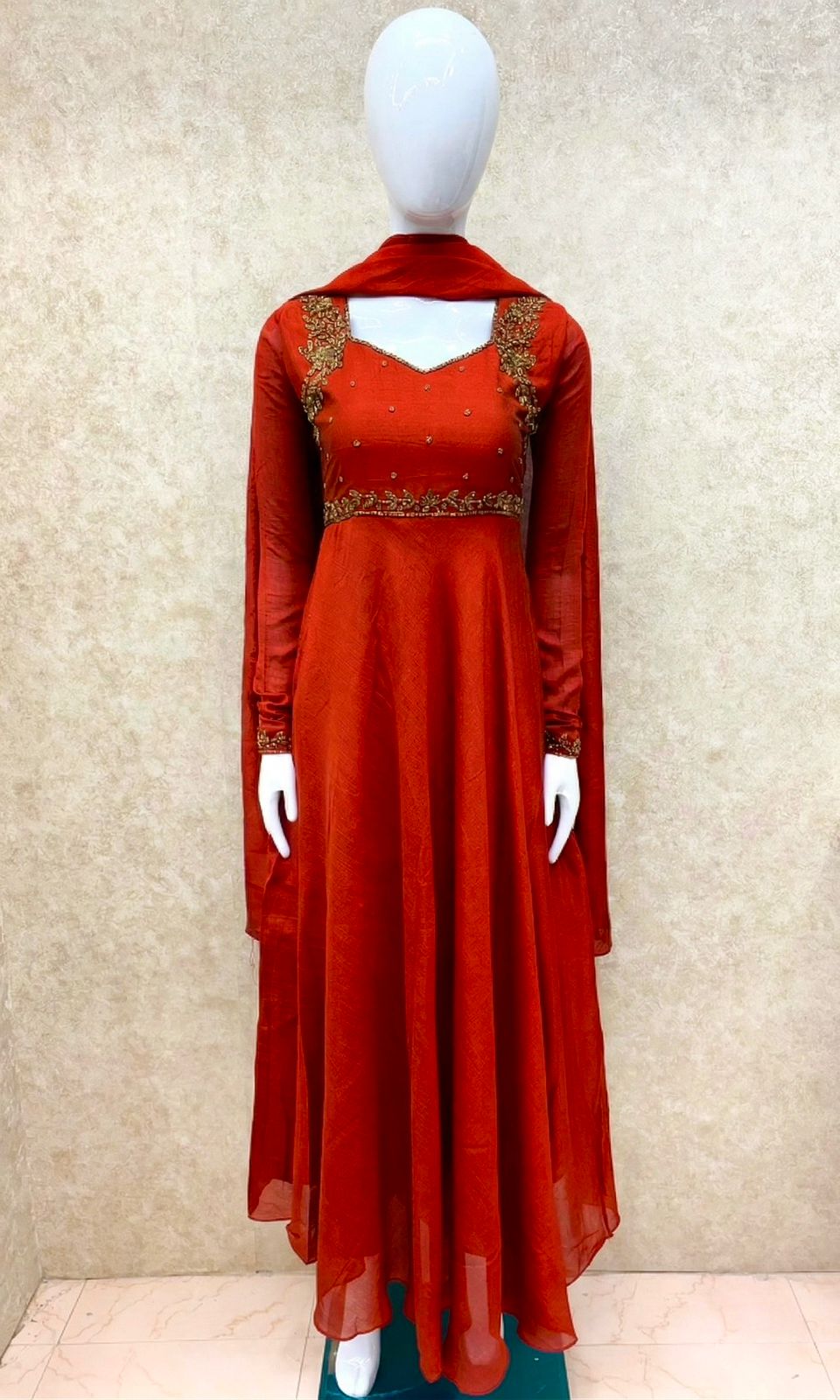 #TH202 / Vichitra Silk / Long Top Dupatta Set / Full Length / Full sleeves / Handwork 07 / Orange - Image 2