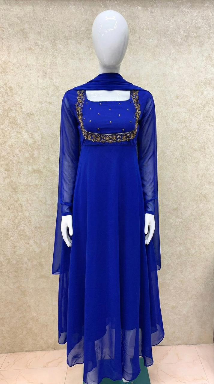 #TH201 Long Top Dupatta Set / Royal Blue - Image 2