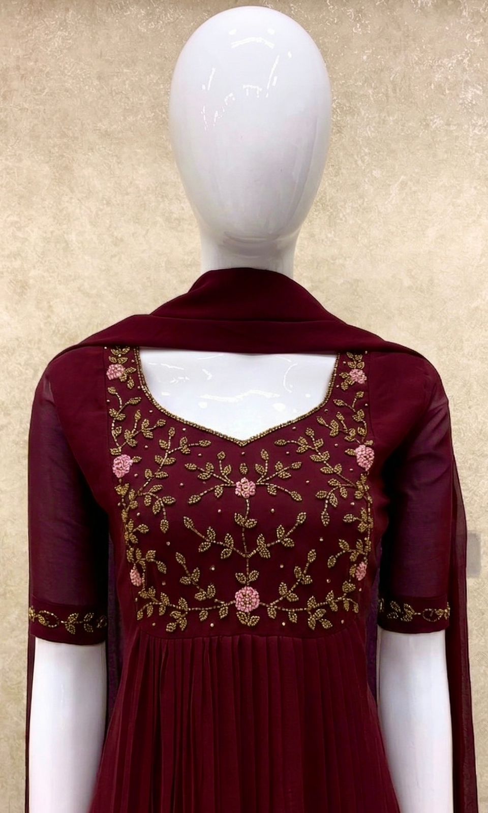#TH197 / Long Top Dupatta Set / Pleated / Elbow sleeves / All Over Handwork03 / Dark Maroon
