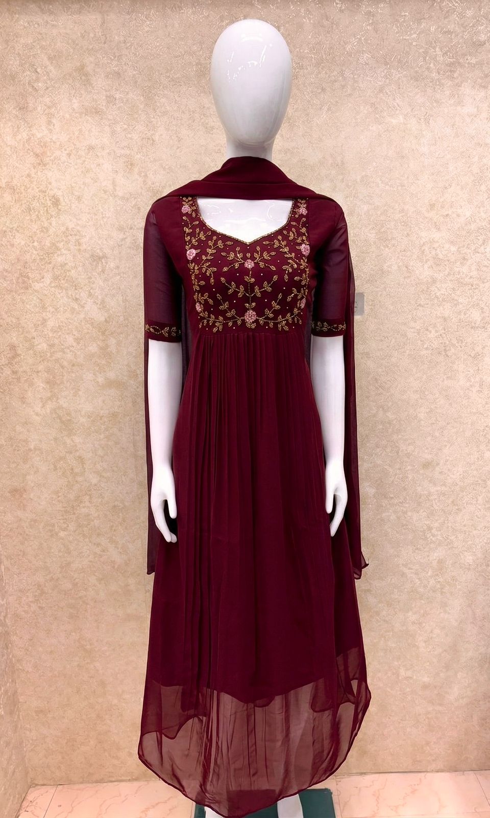 #TH197 / Long Top Dupatta Set / Pleated / Elbow sleeves / All Over Handwork03 / Dark Maroon - Image 2