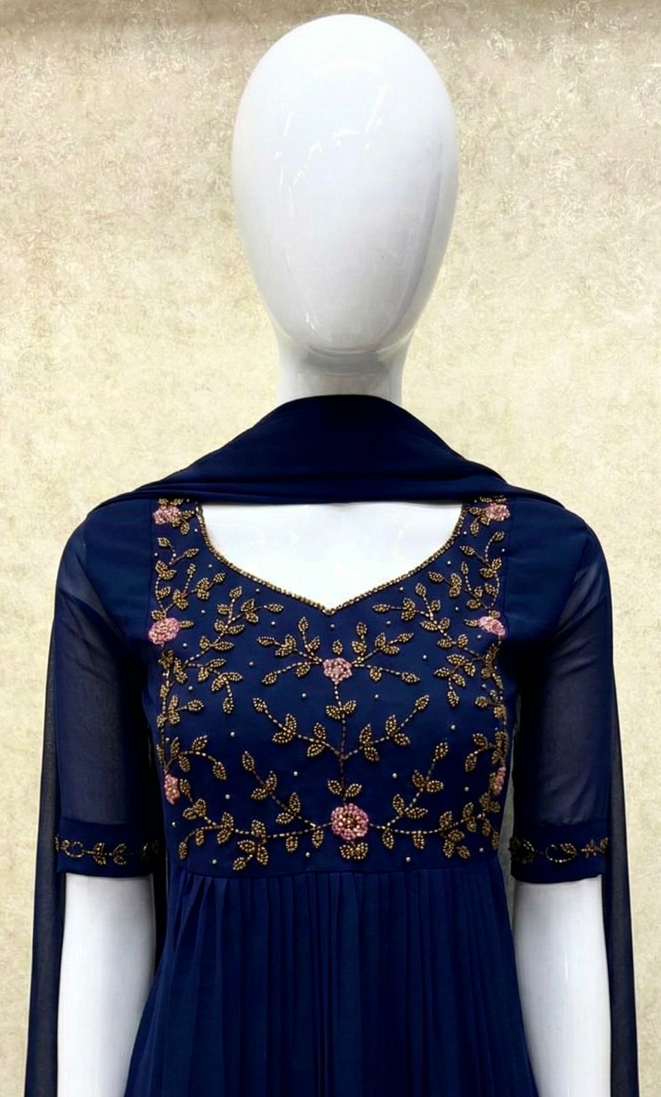 #TH197 / Long Top Dupatta Set / Pleated / Elbow sleeves / All Over Handwork03 / Navy Blue