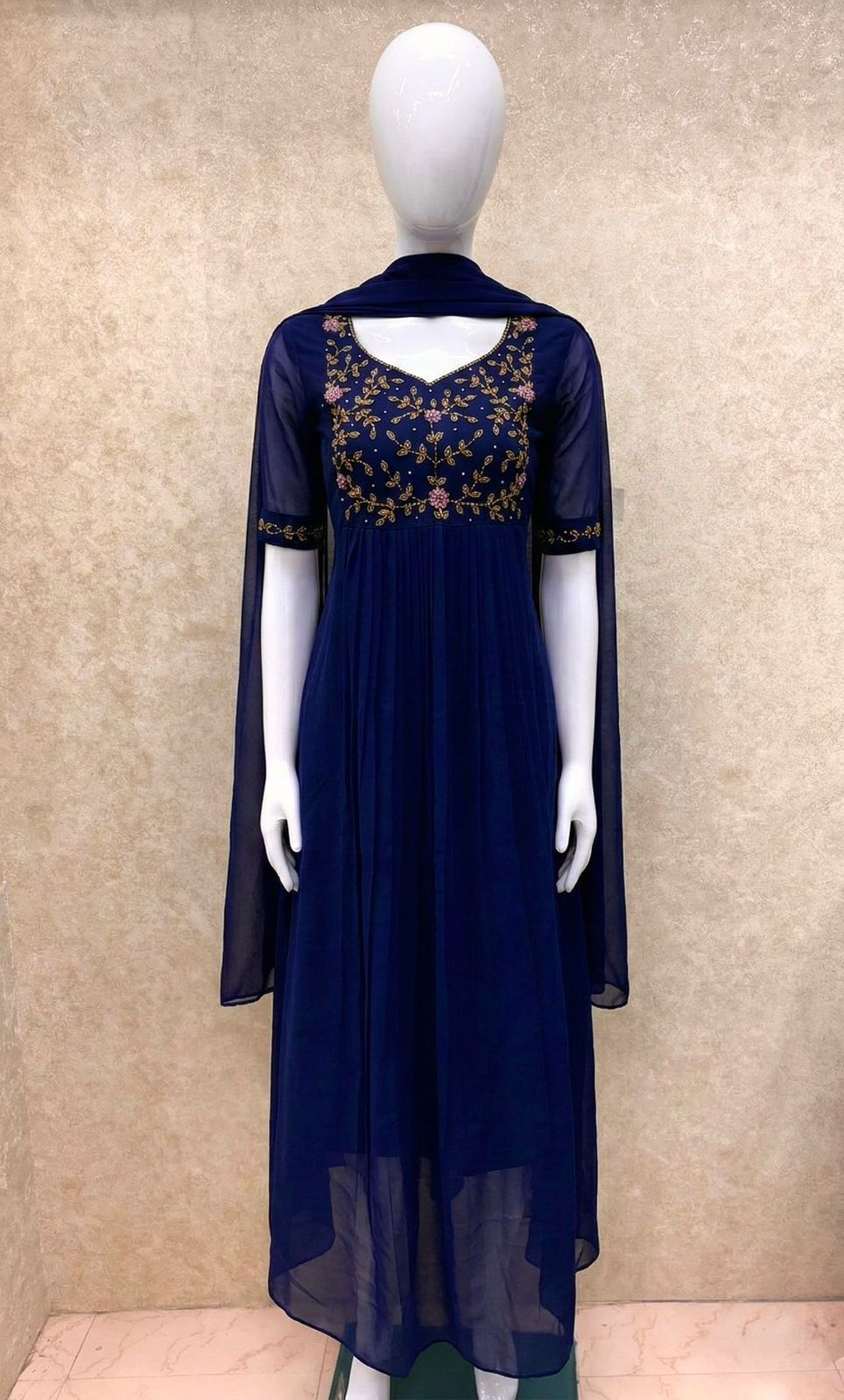 #TH197 / Long Top Dupatta Set / Pleated / Elbow sleeves / All Over Handwork03 / Navy Blue - Image 2
